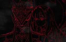 1boy 1girl 1xsf24x1 black_background capitano_(genshin_impact) chain choker closed_mouth couple extra_eyes eye_hair_ornament genshin_impact hand_on_another&#039;s_face helmet highres jacket lineart long_hair mask mask_on_head outline red_outline ronova_(genshin_impact) sketch star_(sky) starry_sky_background symbol-shaped_pupils thick_eyelashes unfinished very_long_hair wings