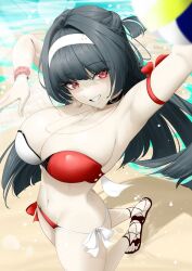 1girl alternate_costume armpits astra_yao beach bikini black_hair breasts cleavage earrings hairband highres jewelry large_breasts long_hair looking_at_viewer mait multicolored_bikini navel ocean outdoors red_bikini red_eyes sandals scrunchie smile solo stomach swimsuit thighs toes two-tone_bikini very_long_hair white_hairband wrist_scrunchie zenless_zone_zero