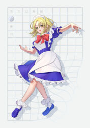 Rule 34 | 1girl, absurdres, apron, blonde hair, blue dress, bow, dress, grid, grid background, guumin, highres, lotus land story, maid, maid headdress, mugetsu (touhou), puffy sleeves, red bow, ribbon, short hair, short sleeves, smile, solo, touhou, touhou (pc-98), waist apron, warped, yellow eyes