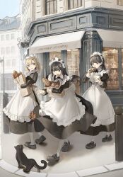 3girls apron bag baguette black_cat black_dress black_hair blonde_hair blue_eyes blush bread cat closed_mouth cup dress eating food frilled_apron frills grey_eyes grocery_bag hair_ornament highres holding holding_cup juliet_sleeves long_hair long_sleeves maid maid_apron maid_headdress multiple_girls open_mouth original outdoors pantyhose pastry puffy_sleeves shii_(kairi-t-k0317) shoes shopping_bag short_hair twintails white_apron white_pantyhose