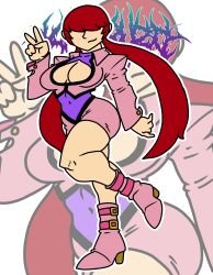 1girl ass boots breasts cleavage_cutout clothing_cutout curvy dress earrings female_focus hand_up heel_up huge_ass huge_breasts jacket jewelry kaperuzo kaperuzo4 large_breasts leg_up long_hair ponytail red_hair shermie_(kof) skirt smile smiley_face the_king_of_fighters thick_thighs thighs twintails wide_hips