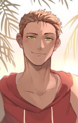 1boy brown_hair collarbone derek_suarez glowing green_eyes highres hood hood_down hoodie leaf looking_at_viewer male_focus mellodrawmatic messy_hair our_life:_beginnings_and_always red_hoodie short_hair sleeveless sleeveless_hoodie smile solo upper_body