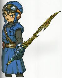 1boy absurdres aviator_cap belt belt_buckle black_pants black_shirt blue_eyes blue_gloves blue_hat blue_tunic breast_pocket brown_belt buckle commentary cowboy_shot dragon_quest dragon_quest_ii gloves goggles goggles_on_headwear hat highres holding holding_sword holding_weapon looking_to_the_side pants pocket prince_of_lorasia roto&#039;s_emblem scan scan_artifacts shirt smile solo sword third-party_source toriyama_akira tunic weapon white_background white_hair
