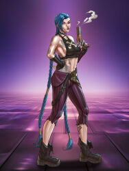 1girl absurdres arcane:_league_of_legends arcane_jinx arm_tattoo asymmetrical_bangs bare_shoulders blowing blue_hair braid cloud_tattoo crop_top dreadlocks fingerless_gloves full_body gloves gun highres holding holding_hun holding_weapon invictarex jinx_(league_of_legends) league_of_legends long_hair pants pink_eyes pink_pants shoulder_tattoo smile smoke solo stomach_tattoo striped_clothes striped_pants tattoo twin_braids weapon