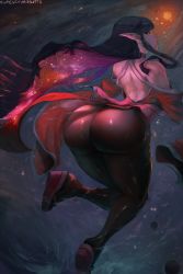1girl arched_back ass bare_back bare_shoulders black_hair blue_eyes choker commentary commission curvy cutesexyrobutts earrings female_focus highres hip_focus huge_ass jewelry legs long_hair looking_at_viewer looking_back midair multicolored_hair original pointy_ears red_hair shiny_clothes shoes solo star thick_thighs thighs wide_hips