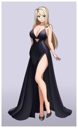 1girl alternate_costume black_dress black_footwear blonde_hair blue_background blue_eyes breasts cleavage dress hair_down high_heels highres huge_breasts legs light_smile lipstick long_legs looking_away looking_to_the_side makeup mcarthur1010 metroid mole nintendo outline pumps samus_aran shoes simple_background smile spaghetti_strap stiletto_heels thighs tsurime white_outline