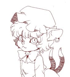 1girl animal_ear_piercing animal_ears bow bowtie cat_ears cat_girl cat_tail chen closed_mouth commentary_request earrings jewelry lineart long_sleeves looking_at_viewer multiple_tails onikobe_rin shirt short_hair simple_background single_earring skirt slit_pupils smile snout solo tail touhou two_tails upper_body vest