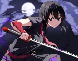 1girl akame_ga_kill! arm_guards aura belt black_hair black_sailor_collar black_serafuku black_shirt black_skirt blue_eyes closed_mouth cloud commentary_request cowboy_shot fighting_stance floating_hair full_moon hair_between_eyes highres holding holding_sheath holding_sword holding_weapon katana kurome_(akame_ga_kill!) leaning_forward light_blush looking_at_viewer medium_hair miniskirt moon neckerchief night outdoors pleated_skirt poteto_furai red_belt red_neckerchief sailor_collar school_uniform serafuku sheath shirt short_sleeves skirt smile solo split_mouth sword tsurime weapon