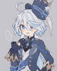 ... 1girl ahoge ascot black_ascot black_gloves blue_bow blue_eyes blue_hair blue_hat blue_jacket bow commentary_request furina_(genshin_impact) genshin_impact gloves grey_background hair_between_eyes hat hat_bow heterochromia highres jacket komerina light_blue_hair long_hair long_hair_between_eyes long_sleeves looking_ahead multicolored_hair nervous_smile open_mouth short_hair simple_background smile solo speech_bubble spoken_ellipsis top_hat upper_body wavy_hair wavy_mouth