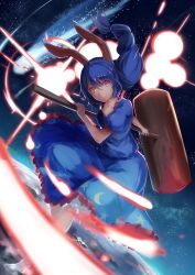 1girl animal_ears blue_dress blue_hair comet danmaku dress earth_(planet) female_focus kine looking_at_viewer mallet planet puffy_short_sleeves puffy_sleeves rabbit_ears red_eyes seiran_(touhou) short_sleeves solo space three_k_(spiritus_no_honoo) touhou