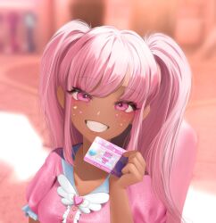1girl :d artist_name backlighting blue_sailor_collar blurry blurry_background blush bow bowtie breasts brooch chair commentary dark-skinned_female dark_skin english_commentary facial_mark frilled_sleeves frills from_above game_screenshot_background game_screenshot_inset giysou grin hand_up head_tilt heart heart_brooch heart_facial_mark highres holding_id_card indoors jewelry long_hair looking_at_viewer making-of_available on_chair open_mouth pink_brooch pink_eyes pink_hair pink_shirt poppy_(royale_high) puffy_short_sleeves puffy_sleeves roblox royale_high sailor_collar screenshot_background shirt short_sleeves sidelocks small_breasts smile solo star_(symbol) star_facial_mark swept_bangs twintails upper_body white_bow white_bowtie