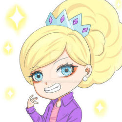 1girl blonde_hair blue_eyes brianna_buttowski child cqvh disney earrings fang grin high_ponytail jacket jewelry jpeg_artifacts kick_buttowski long_hair long_sleeves looking_at_viewer lowres open_clothes open_jacket pink_shirt ponytail purple_jacket shirt simple_background smile solo sparkle teeth tiara upper_body watermark white_background