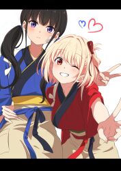 2girls ;d absurdres arm_behind_another&#039;s_back black_hair blonde_hair blue_kimono blush breasts brown_skirt closed_mouth commentary cowboy_shot gauze gauze_on_cheek hair_ribbon hand_on_another&#039;s_waist heart highres inoue_takina japanese_clothes kimono large_breasts leaning_forward letterboxed looking_at_viewer low_twintails lycoris_recoil multiple_girls nishikigi_chisato nishizuki_shino one_eye_closed open_mouth purple_eyes red_eyes red_ribbon ribbon short_hair short_sleeves skirt smile standing symbol-only_commentary teeth twintails v