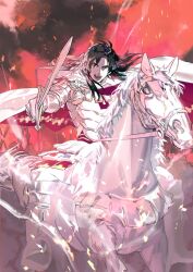 1boy animal armor army black_hair boots breastplate bridle cape constantine_xi_(fate) dynamic_pose earrings embers fate/grand_order fate_(series) faulds floating_cape floating_hair full_body game_cg gloves grey_eyes holding holding_sword holding_weapon horse horseback_riding jewelry kurahana_chinatsu long_hair looking_at_viewer official_art on_animal open_mouth pants people red_background red_cape riding solo_focus stirrups_(riding) sword teeth third-party_source two-sided_cape two-sided_fabric weapon white_armor white_boots white_cape white_gloves white_horse white_pants