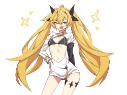 1girl ahoge arm_at_side black_bra blonde_hair blue_eyes bra breasts breasts_apart clear_(djmax) cowboy_shot djmax djmax_respect gabang hair_ornament hand_on_own_hip highres long_hair long_sleeves looking_at_viewer navel open_mouth shrug_(clothing) simple_background skirt small_breasts solo sparkle standing twintails underwear v-shaped_eyebrows white_background white_skirt