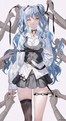 belt black_choker black_thighhighs blue_hair choker hair_ribbon highres layered_shirt long_hair long_sleeves messy_hair o-ring original oto1_030 pleated_skirt pov pov_hands ribbon skirt thick_thighs thigh_strap thighhighs thighs twintails upper_body zettai_ryouiki