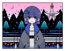 1girl blue_eyes bright_pupils coat colored_tips crescent_moon drawstring fish_skeleton flower garouma grass grey_hair hair_ornament heart highres lamppost leaf moon multicolored_hair original pink_sky purple_hair red_flower shadow short_hair sky solo tower_of_the_sun tree white_pupils yellow_flower