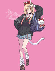 1girl ;p animal_ears bag black_choker black_sweater blonde_hair blush bow brown_shoes cat_ears choker ear_piercing earrings english_text eyeshadow fake_animal_ears fake_nails fake_tail gyaru hair_bow hand_on_own_hip highres jewelry kitagawa_marin long_hair long_sleeves looking_at_viewer loose_clothes loose_socks makeup one_eye_closed piercing pink_background pleated_skirt shirt shoes shoulder_bag simple_background skirt smile socks solo sono_bisque_doll_wa_koi_wo_suru stuffed_animal stuffed_toy sweater tail tongue tongue_out v yamashita_shun&#039;ya