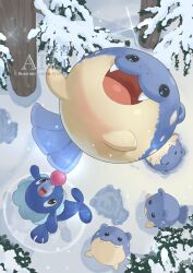 Rule 34 | commentary request, day, falling, fangs, gen 3 pokemon, gen 7 pokemon, happy, highres, kanataeni, looking up, nintendo, no humans, open mouth, outdoors, pokemon, pokemon (creature), pokemon focus, popplio, snow, sparkle, spheal, tongue, tree, watermark, winter