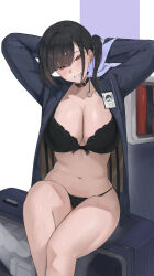 Rule 34 | 1girl, absurdres, arms behind head, arms up, black bra, black collar, black hair, black jacket, black panties, blush, bra, breasts, cleavage, collar, commentary, elvandec, goddess of victory: nikke, grin, head tilt, highres, id card, jacket, large breasts, long hair, long sleeves, looking at viewer, navel, open clothes, open jacket, panties, red eyes, simple background, sitting, sitting on object, smile, solo, sora (nikke), stomach, thighs, twintails, underwear, white background