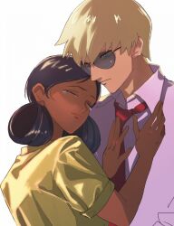 1boy 1girl bindi black_hair blonde_hair blue_eyes char_aznable closed_eyes closed_mouth collared_shirt commentary_request crying dark-skinned_female dark_skin double_bun dress gundam gundam_gquuuuuux hair_bun hands_on_another&#039;s_chest hetero highres lalah_sune looking_at_another necktie pink_shirt red_necktie shirt short_hair short_sleeves simple_background sunglasses tsun_(chun_55) white_background wing_collar yellow_dress