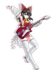1girl absurdres adapted_costume ahoge ascot boots bow breast_curtain breasts brown_eyes brown_hair closed_mouth commentary_request detached_sleeves frilled_bow frilled_hair_tubes frills full_body guitar hair_bow hair_tubes hakurei_reimu high_heel_boots high_heels highres holding holding_guitar holding_instrument holding_plectrum ichinoyalab instrument long_hair looking_at_viewer plectrum red_bow red_skirt ribbon-trimmed_sleeves ribbon_trim sideboob silhouette simple_background skirt smile solo sparkle thigh_boots touhou white_background white_boots yellow_ascot