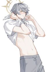 1boy absurdres blush closed_mouth clothes_lift commentary_request cowboy_shot earrings embarrassed grey_hair grey_pants guilty_challenge_(meme) hair_between_eyes halo halo_behind_head hand_under_clothes hand_under_shirt head_wings highres honkai:_star_rail honkai_(series) jewelry korean_commentary male_focus maru_(gobigreens) meme pants shirt shirt_lift short_hair simple_background skinny solo sunday_(honkai:_star_rail) white_background white_shirt white_wings wings yellow_eyes