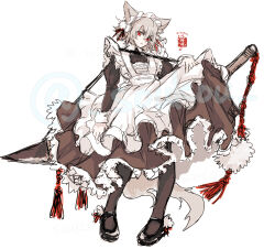 1girl alternate_costume animal_ears apron black_shoes closed_mouth commentary_request dress enmaided expressionless frilled_dress frills full_body greatsword grey_dress grey_hair grey_pantyhose highres inubashiri_momiji looking_at_viewer maid mary_janes pantyhose pom_pom_(clothes) red_eyes shoes short_hair simple_background solo soukou_(artist) standing sword tail touhou weapon white_apron white_background wolf_ears wolf_girl wolf_tail
