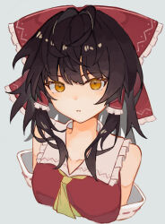 1girl ascot bare_shoulders black_hair bow breasts collared_shirt detached_sleeves frilled_bow frilled_hair_tubes frilled_shirt_collar frills grey_background hair_bow hair_intakes hair_tubes hakurei_reimu highres hinataku1222 long_hair looking_at_viewer parted_lips red_bow red_shirt ribbon-trimmed_sleeves ribbon_trim shirt sidelocks simple_background solo touhou upper_body white_sleeves yellow_ascot yellow_eyes