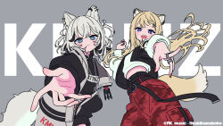 Rule 34 | 2girls, :d, animal ear fluff, animal ears, black hair, black shirt, black vest, blue eyes, brown hair, camouflage, camouflage pants, closed mouth, commentary, copyright name, ear piercing, english commentary, grey background, grey hair, grey skirt, grey vest, highres, jewelry, kmnz, lita (kmnz), long hair, long sleeves, looking at viewer, multicolored hair, multiple girls, nail polish, neki (wakiko), official art, open clothes, open mouth, open vest, pants, piercing, puffy long sleeves, puffy sleeves, red nails, red pants, ring, shirt, skirt, smile, streaked hair, tail, tina (kmnz), very long hair, vest, virtual youtuber, white shirt