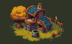 animal artist_name autumn_leaves brick_wall building candle cauldron commentary cork day door fence grass green_background jar leaf lowres no_humans nop_(nop_pixels) original outdoors pixel_art rabbit scenery symbol-only_commentary table tree window