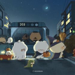 6+others animal artist_name bear blush building bus cape car chibi city city_lights commentary crosswalk dinosaur_costume ghost_costume halloween halloween_costume hat headphones highres jack-o&#039;-lantern kocobear motor_vehicle multiple_others night night_sky no_humans original outdoors pedestrian_lights power_lines pumpkin sky solid_circle_eyes star_(sky) symbol-only_commentary trick_or_treat utility_pole vampire_costume witch_hat