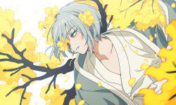 1girl bbunny branch coat dongbaek_(project_moon) e.g.o_(project_moon) flower grey_coat grey_hair hanbok hand_fan holding holding_fan limbus_company project_moon short_hair simple_background solo spicebush_(e.g.o) tree white_background white_hanbok yellow_eyes yellow_flower