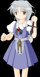 Rule 34 | 1girl, black bow, black bowtie, blue dress, bow, bowtie, collar, cowboy shot, cross, doll, dress, game cg, grey eyes, holding, kioh gyoku, lowres, medium hair, muse (seihou), non-web source, official art, red brooch, seihou, serious, third-party source, transparent background, white collar, white sleeves