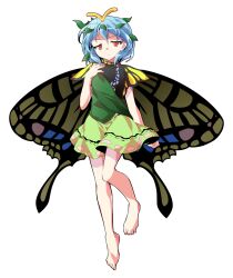 1girl alphes_(style) antennae aqua_hair bandaid barefoot butterfly_wings commentary_request dairi dress eternity_larva fairy flat_chest full_body green_skirt hand_on_own_chest highres insect_wings large_variant_set leaf leaf_on_head multicolored_dress parody simple_background skirt solo style_parody tachi-e tears touhou transparent_background variant_set wings