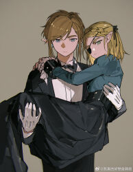 1boy 1girl akihare alternate_costume black_bow black_bowtie black_dress black_jacket black_pants black_suit blonde_hair blue_eyes bow bowtie braid carrying carrying_person crown_braid dress ear_piercing eyepatch formal_clothes gloves green_eyes hands_on_another&#039;s_shoulder highres jacket link medium_hair nintendo pants piercing pointy_ears princess_carry princess_zelda shirt short_hair sidelocks suit the_legend_of_zelda the_legend_of_zelda:_tears_of_the_kingdom tuxedo white_gloves white_shirt
