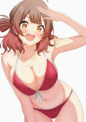 Rule 34 | 1girl, absurdres, ahoge, armpits, bikini, blush, breasts, brown hair, collarbone, front-tie bikini top, front-tie top, gakuen idolmaster, gradient hair, groin, halterneck, hanami ume, highres, idolmaster, large breasts, leaning forward, looking at viewer, medium hair, multicolored hair, musha no kozi, navel, orange hair, red bikini, simple background, smile, solo, stomach, string bikini, swimsuit, thigh gap, upper body, white background