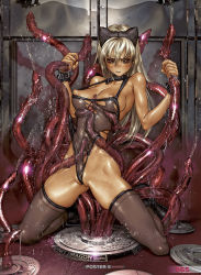 1girl backboob black_footwear blonde_hair breasts brown_eyes canterbury_mimi collar female_focus from_behind hairband highres kneeling leotard looking_at_viewer narrow_waist nipples oil original shiny_skin shirou_masamune skindentation skinny solo tentacles thighhighs torn_clothes wrist_cuffs