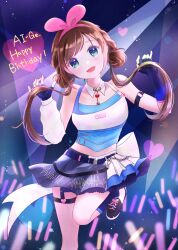 1girl absurdres blue_eyes brown_hair detached_sleeves fingerless_gloves gloves happy_birthday highres ka_lingonberry kizuna_ai looking_at_viewer single_sleeve solo