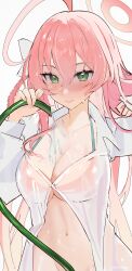 1girl absurdres ahoge bikini blue_archive blush braid breasts cleavage closed_mouth collarbone eyelashes green_eyes groin hair_between_eyes halo hanako_(blue_archive) hanako_(swimsuit)_(blue_archive) hands_up highres holding holding_hose hose huge_ahoge large_breasts long_hair long_sleeves medium_breasts midriff navel pink_hair pink_halo reiko_lape shirt simple_background smile solo swimsuit underboob water wet wet_clothes wet_shirt white_background white_shirt