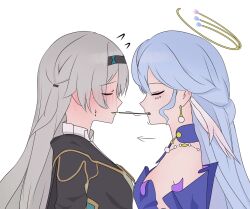 2girls arrow_(symbol) bare_shoulders black_hairband black_jacket blue_hair blush braid breasts choker closed_eyes detached_sleeves dress earrings feathered_wings firefly_(honkai:_star_rail) flying_sweatdrops food food_in_mouth grey_hair hair_between_eyes hairband halo head_wings highres honkai:_star_rail honkai_(series) jacket jewel_under_eye jewelry long_hair medium_breasts multiple_girls pearl_earrings pocky pocky_in_mouth pocky_kiss purple_choker purple_dress robin_(honkai:_star_rail) sailor_collar shared_food shy simple_background sweatdrop teeth upper_body white_background wings yuri yuuncx