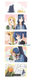 2girls anger_vein blonde_hair blue_hair blue_jacket blush bocchi_the_rock! closed_mouth commentary_request dango food green_jacket grey_shirt guitar_case headphones headphones_around_neck highres ijichi_nijika instrument_case instrument_on_back jacket kanaria_hisagi kiss long_hair mole mole_under_eye multiple_girls open_mouth puff_of_air red_eyes sanshoku_dango shirt short_hair surprise_kiss surprised translation_request wagashi white_shirt yamada_ryo yuri