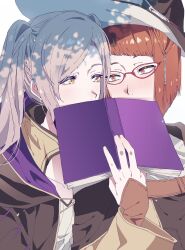 2girls blush book book_to_mouth braid brown_eyes covering_face diagonal_bangs eyelashes female_robin_(fire_emblem) fire_emblem fire_emblem_awakening glasses hair_tubes hat highres holding holding_book hooded_robe looking_at_another miriel_(fire_emblem) multiple_girls nintendo red-framed_eyewear red_hair robe shadow tsujii_luki twintails white_hair witch_hat wizard_hat yellow_eyes