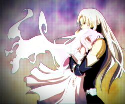 Rule 34 | .hack//, .hack//zero, 2girls, age difference, arm armor, aura (.hack//), bare arms, belt, black dress, chromatic aberration, closed eyes, commentary request, curl (.hack//), curtained hair, detached sleeves, dress, facial mark, floating hair, grey belt, grid background, hair between eyes, high collar, hug, long dress, long hair, long sidelocks, multiple girls, off-shoulder dress, off shoulder, purple background, refrai, sidelocks, single bare shoulder, sleeveless, sleeveless dress, very long hair, waist hug, white dress, white hair, yellow background