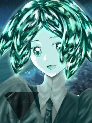 1other aqua_eyes aqua_hair bad_id bad_twitter_id black_necktie blue_background de_pppl gem_uniform_(houseki_no_kuni) highres houseki_no_kuni necktie open_mouth phosphophyllite short_hair smile upper_body