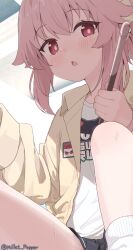 1girl blue_archive highres jacket millet_pepper natsu_(band)_(blue_archive) natsu_(blue_archive) official_alternate_costume open_mouth pink_hair red_eyes shirt short_hair sitting solo thighs white_shirt yellow_jacket