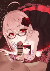 1boy 1girl absurdres commentary_request dragon_poker etsutsuni fellatio glasses hair_ornament hairclip hetero highres loli long_hair looking_at_viewer non-web_source oral penis red_eyes wizard_(dragon_poker)
