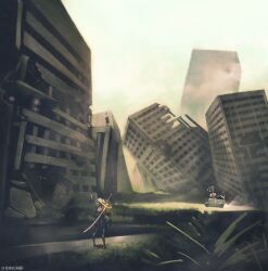 1boy 1girl 2b_(nier:automata) 9s_(nier:automata) absurdres black_footwear boots building commentary driving emil_(nier) english_commentary floating floating_object floating_sword floating_weapon glowing glowing_eyes highres machine_(nier) multiple_others musical_note nier:automata nier_(series) noodlenood pod_(nier:automata) post-apocalypse ruins short_hair skyscraper sword sword_on_back thigh_boots virtuous_treaty weapon weapon_on_back when_you_see_it
