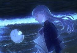 1boy black_shirt closed_eyes collared_shirt floating_hair glowing happy highres hoshirube_sho j14o7 long_hair long_sleeves male_focus night nijisanji ocean otomo_(hoshirube_sho) outdoors shirt smile solo twitter_username upper_body virtual_youtuber