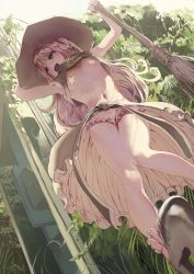 1girl absurdres alternate_costume armpits artistic_error bad_perspective black_shirt black_shoes blonde_hair bloomers blush broom clothes_lift day dutch_angle female_focus flat_chest forest from_below grass hand_on_headwear hand_rest hat highres kirisame_marisa long_hair looking_to_the_side mary_janes masaki_(ekakiningen) nature navel nose_blush open_clothes open_mouth open_skirt overgrown pasties perspective phone_booth platform_shoes shirt shirt_lift shoes skinny skirt sleeveless sleeveless_shirt solo star_(symbol) star_pasties sunlight teeth thighs touhou underwear very_long_hair witch_hat